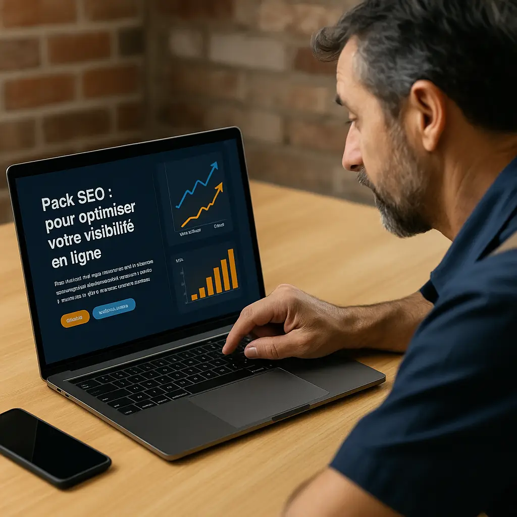 Pack SEO 1 Référencement local : illustration d’un artisan voyant ces visites et ventes augmenter après avoir acheter un pack SEO RhayeDev